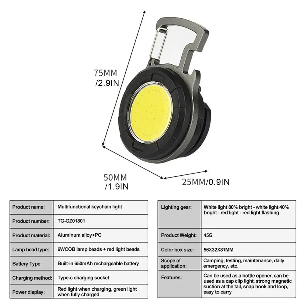 Linterna portátil COB para llavero, miniluces LED de trabajo, reflector tipo C, Abrebotellas recargable, luz para acampar al aire libre