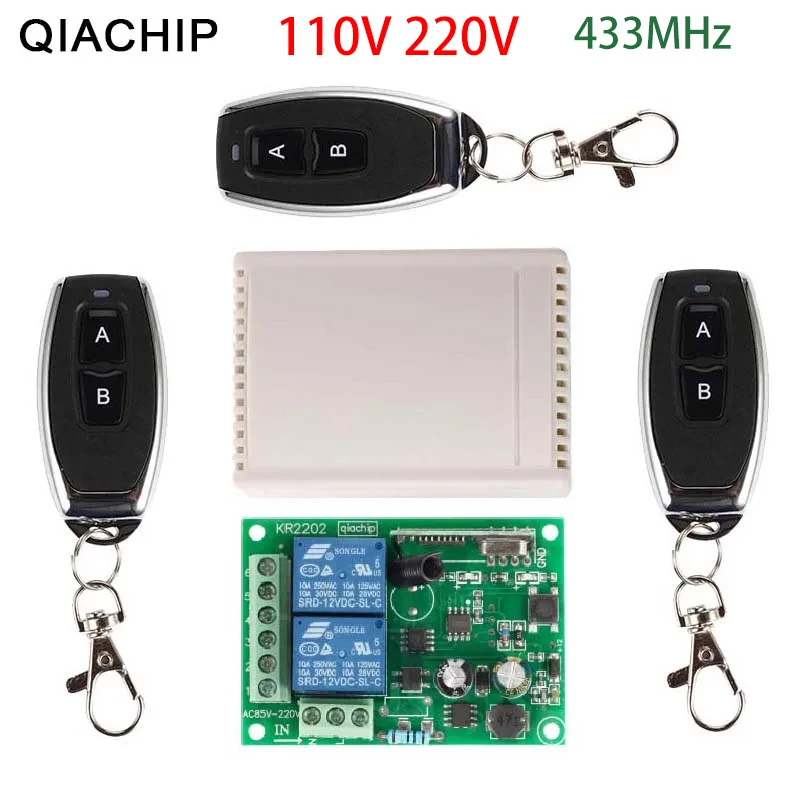 QIACHIP 433 MHz AC 110V 220V 2CH RF Pilot zdalnego sterowania + Uniwersalny odbiornik przekaźnika RF do lekkiego otwierania garażowych drzwi garażowych