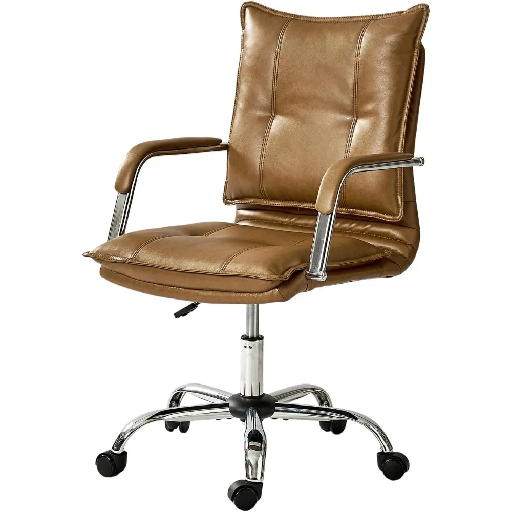 كرسي مكتب منزلي من الجلد الصناعي، كرسي كمبيوتر دوار قابل للتعديل مع أرجل وأذرع فضية، مريح منجد