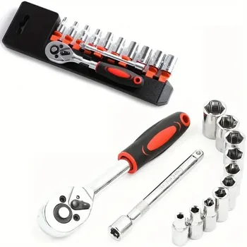 Conjunto de 12 Peças de Chaves de Soquete Curtas com Catraca, Kit de Ferramentas Manuais para Reparo de Carros, Motos e Bicicletas