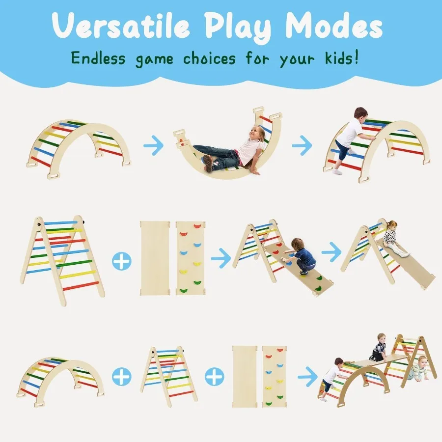 Pikler triângulo conjunto 5 em 1 dobrável montessori brinquedos de escalada de madeira bebê alpinista com arco rampa e escada interior selva ginásio para