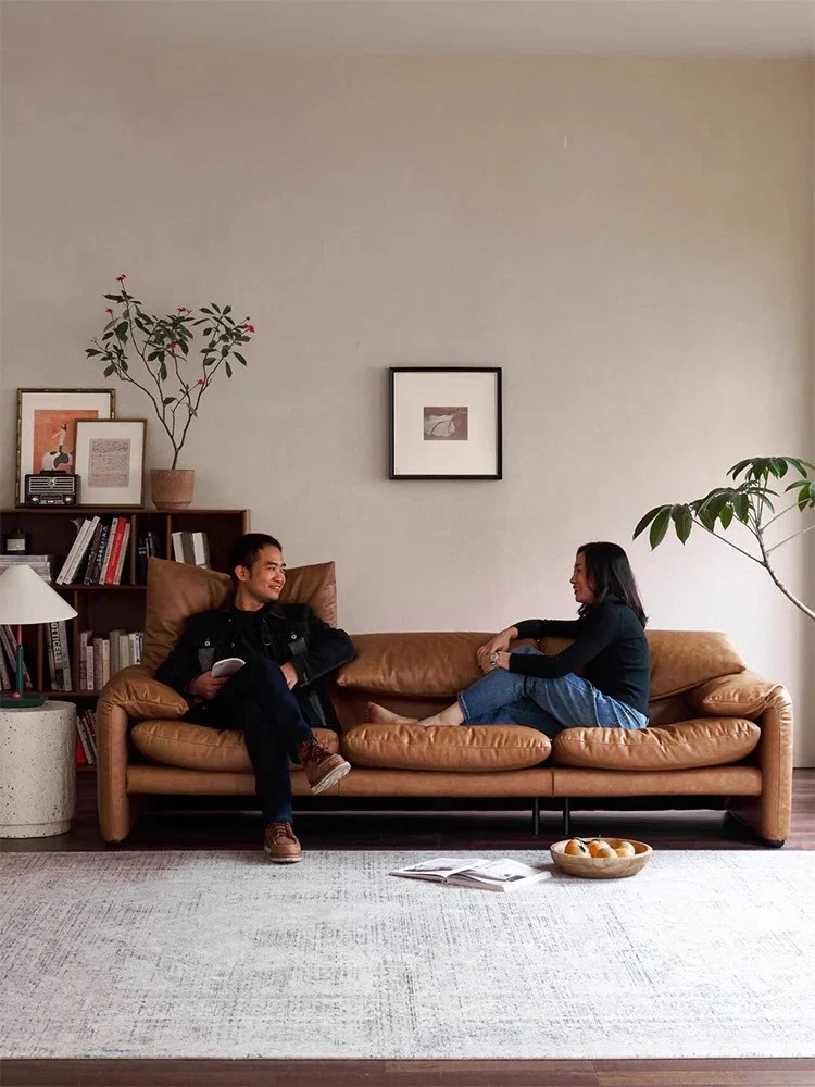Sofa leather first layer cowhide oil wax leather Italian retro style living room small apartment