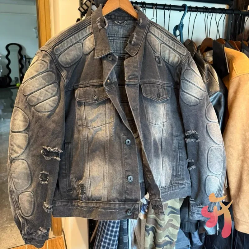

Heavy Duty Washed Armor Denim Jacket Wrinkled Worn Cat Whisker Tattered KANYE Coat Vintage Streetwear Men Women Tops
