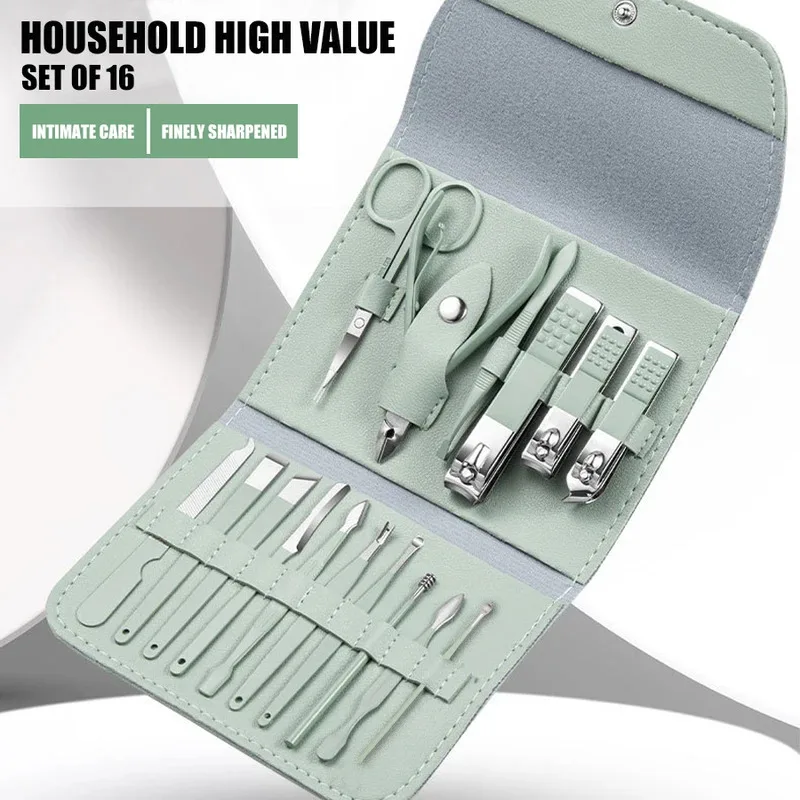 Stainless Steel Nail Clipper Set Grooming Tool Set With Portable Case Manicure Art Tool Green Nails Cut