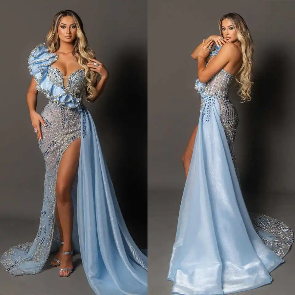 

Elegant Mermaid Evening Dresses Luxury One Shoulder Backless Sequins Crystal Prom Gowns Party Birthday Banquet Customized