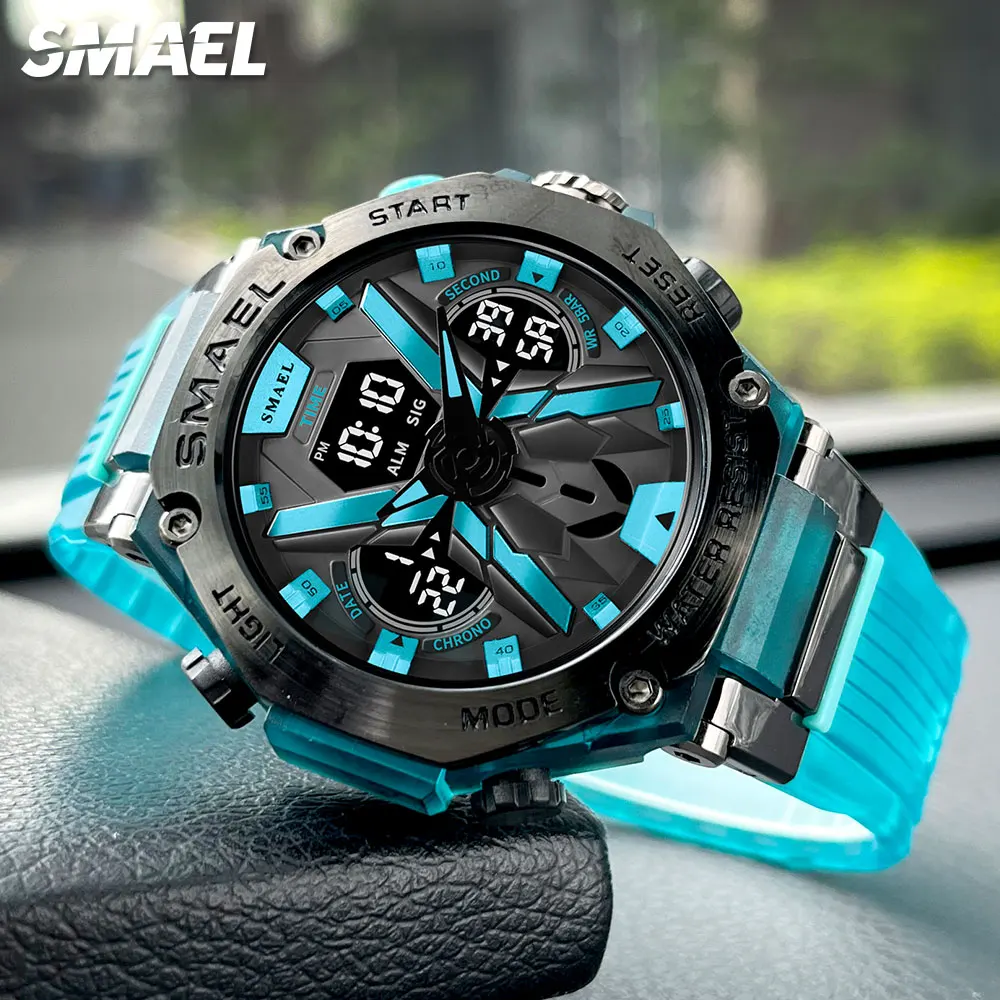 SMAEL Blue Sport Electronic Watch for Men Digital Quartz Dual Time Wristwatch with Auto Date Week Alarm Chronograph Waterproof