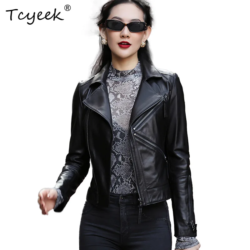 Tcyeek Sheepskin Spring Autumn Trendy Suit Collar Black Short Women Genuine Leather Jacket Женская Кожаная Куртка Jaqueta Couro