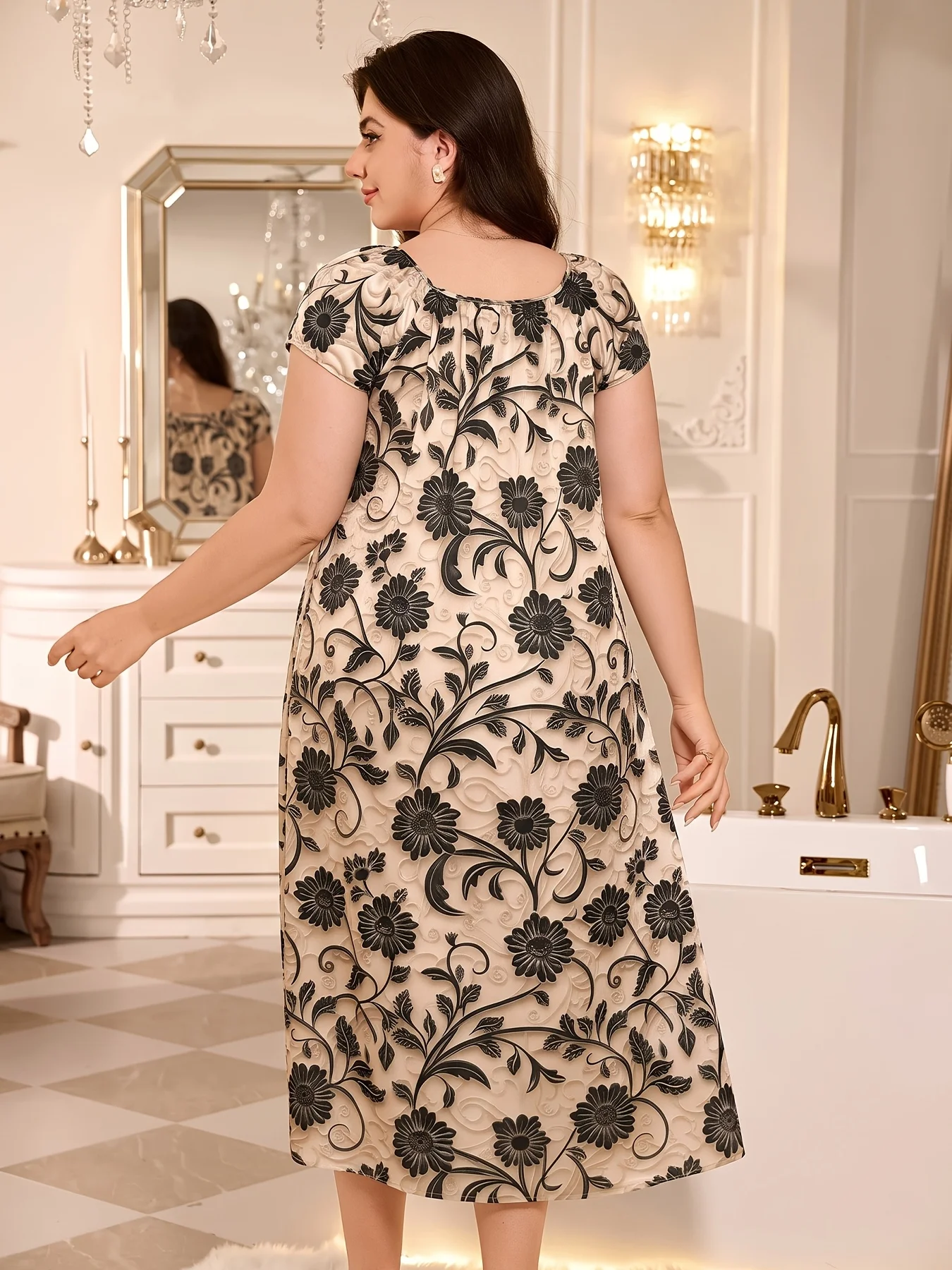 Women's Plus Size Soft Thin Nightgown Fruit Print Square Neck Short Sleeve Long Sleepshirt Comfy Homewear Pajamas