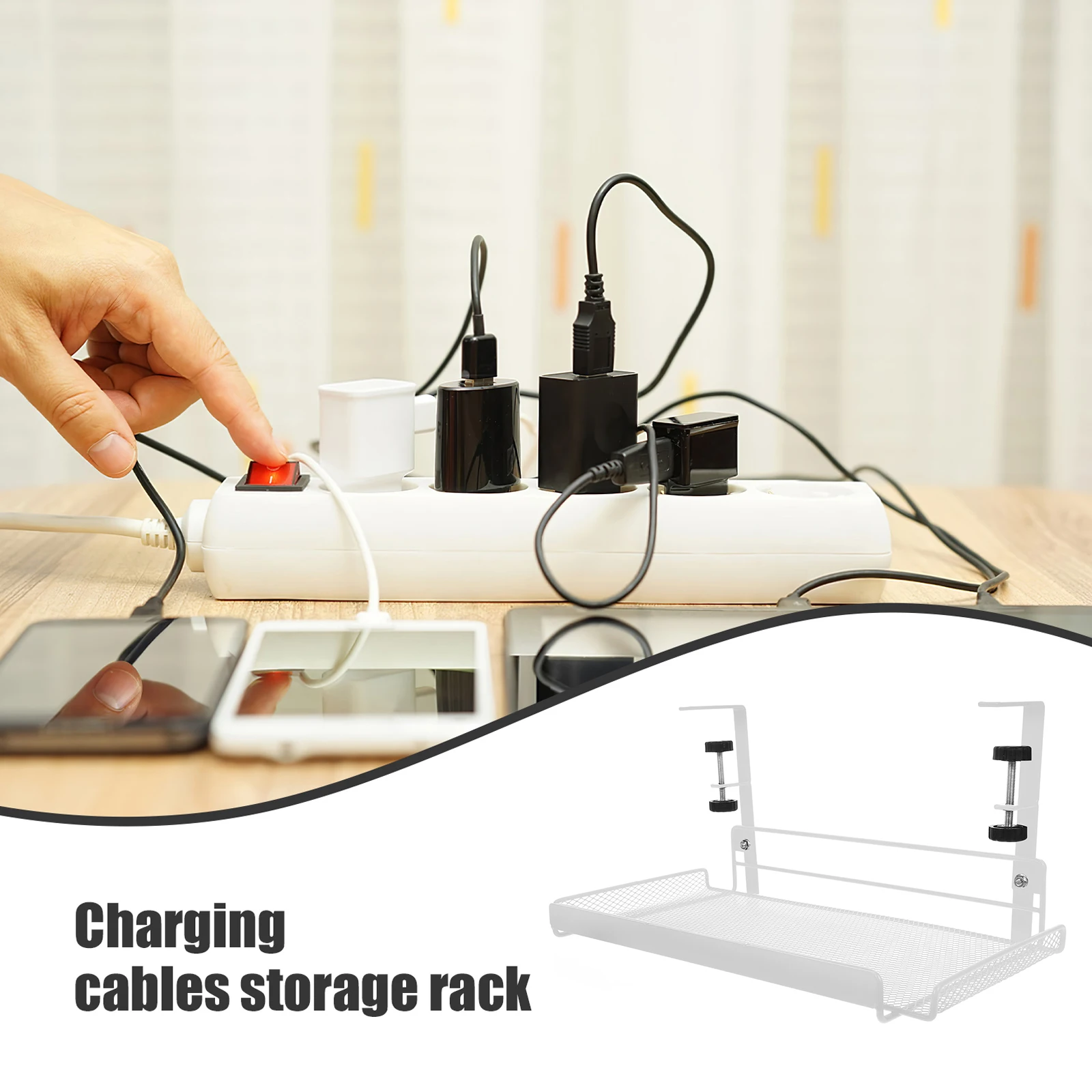 

Adjustable Under Desk Storage Basket Office Organizer White Hanging Document Rack Socket File Magazine Metal Shelf for Dorm