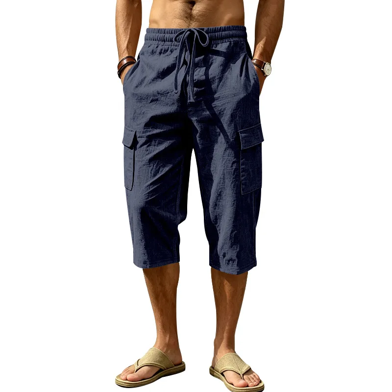 Europäische und amerikanische Sommer-Shorts aus Leinen für Herren, lässig, Outdoor, Arbeitskleidung, Pendler, Sport, Multi-Pocket, 7/8-Länge – Detail 7