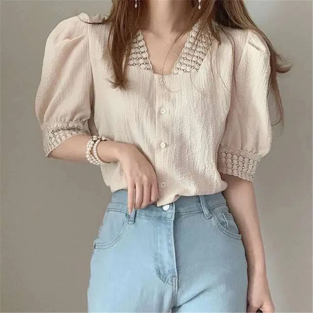 Camisas de manga curta das mulheres do vintage blusa de bolinhas gola de renda turn down button up artístico relaxado senhora do escritório elegante macio