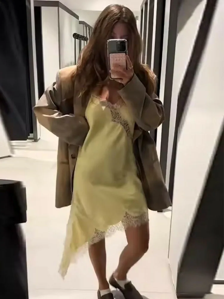 Vestido corto con tirantes empalmado de encaje Sexy de satén 2025 para mujer, sin mangas, sin espalda, asimétrico, vestidos de fiesta sexys, vestido de mujer