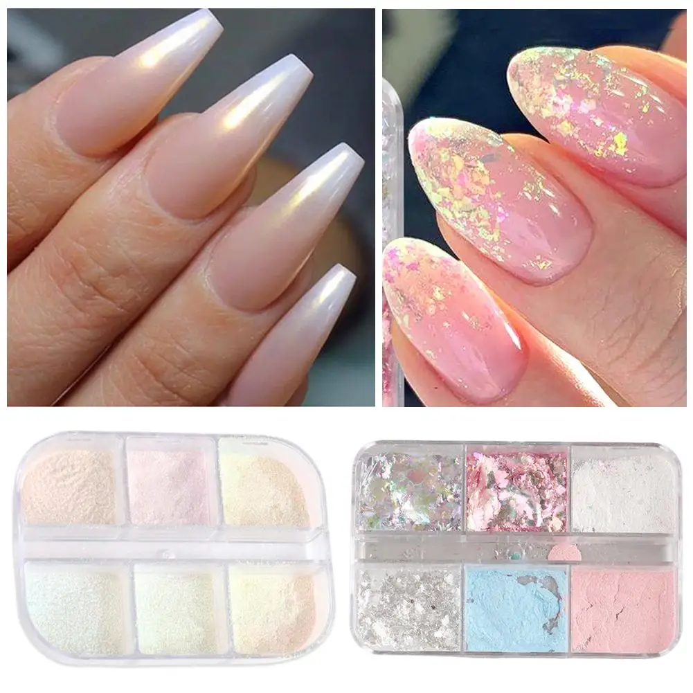 

6 Grid Aurora Mirror Nail Glitter Powder Pearl White Holographic Pigment Dust Manicure Rubbing Nail Art Decoration U0G1