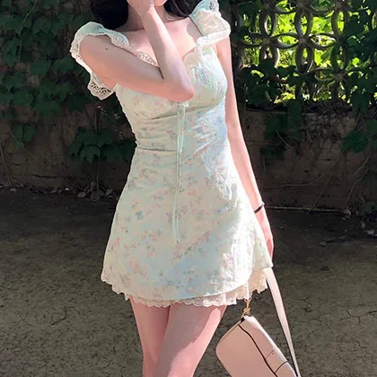 

French Sweet Mint Green Floral Dress for Women Summer New Style Stunning Small Flying Sleeves Lace Waist Skirt