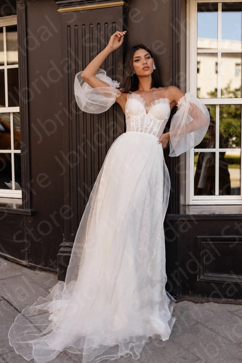 Vestido de novia de encaje blanco con escote Corazón, manga desmontable, hombros descubiertos, novedad, 2023