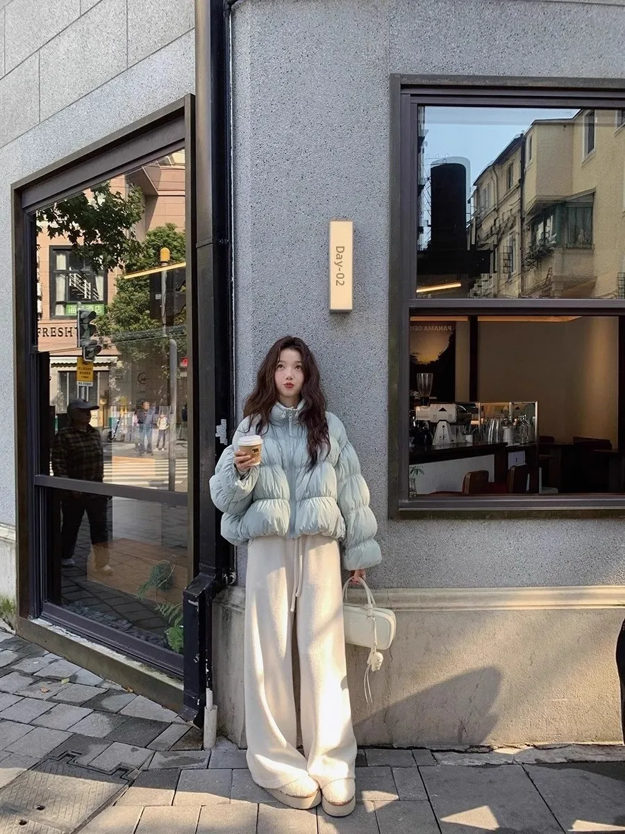 

Korean Sle Women's Autumn Winter Warm Slimming Cotton Jaet And Wide Leg Pants Two Piece Set College Sle Faionable
