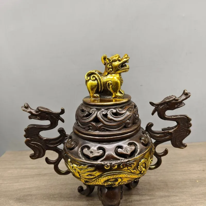 Pure gilded Pixiu , antique-style purple copper incense burner with double dragon handles and three legs, d