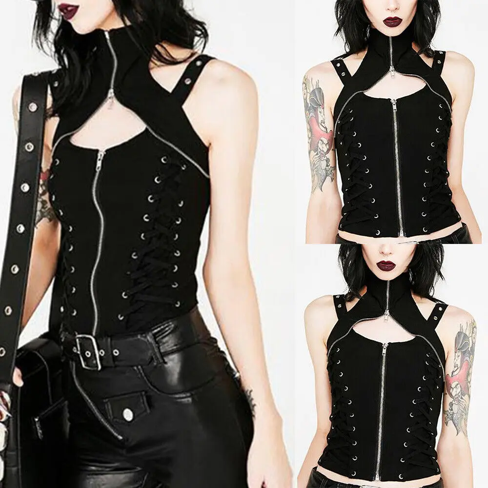 Sexy Lace Up Crop Tank Tops Gothic Punk Zipper Vest T-Shirt Camisole Tops