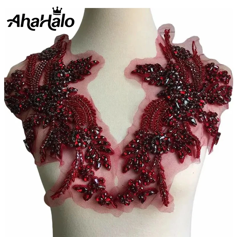 1 Pair Handmade Beaded Rhinestone Appliques Sew on Crystal Flower Lace Patch Multi-Color Pairs for DIY Clothing  Wedding Dress