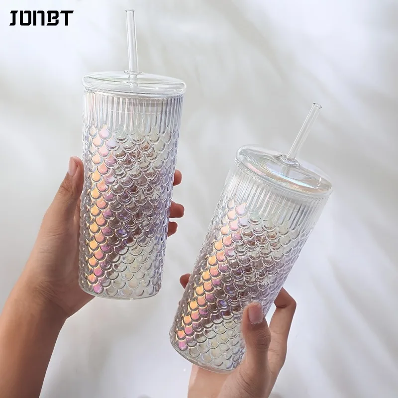 

24OZ Creative Fish Scale Glass Straw Cup With Lid Transparent Glasses Mug Iced Coffee Cup For Juice Milk Tea Water Cup Drinkware