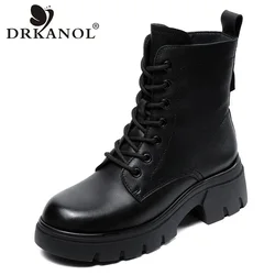 DRKANOL Women Winter Warm Wool Boots High Quality Genuine Cow Leather Chunky Platform Thick Heel Trend Fur Mid Calf Boots Black
