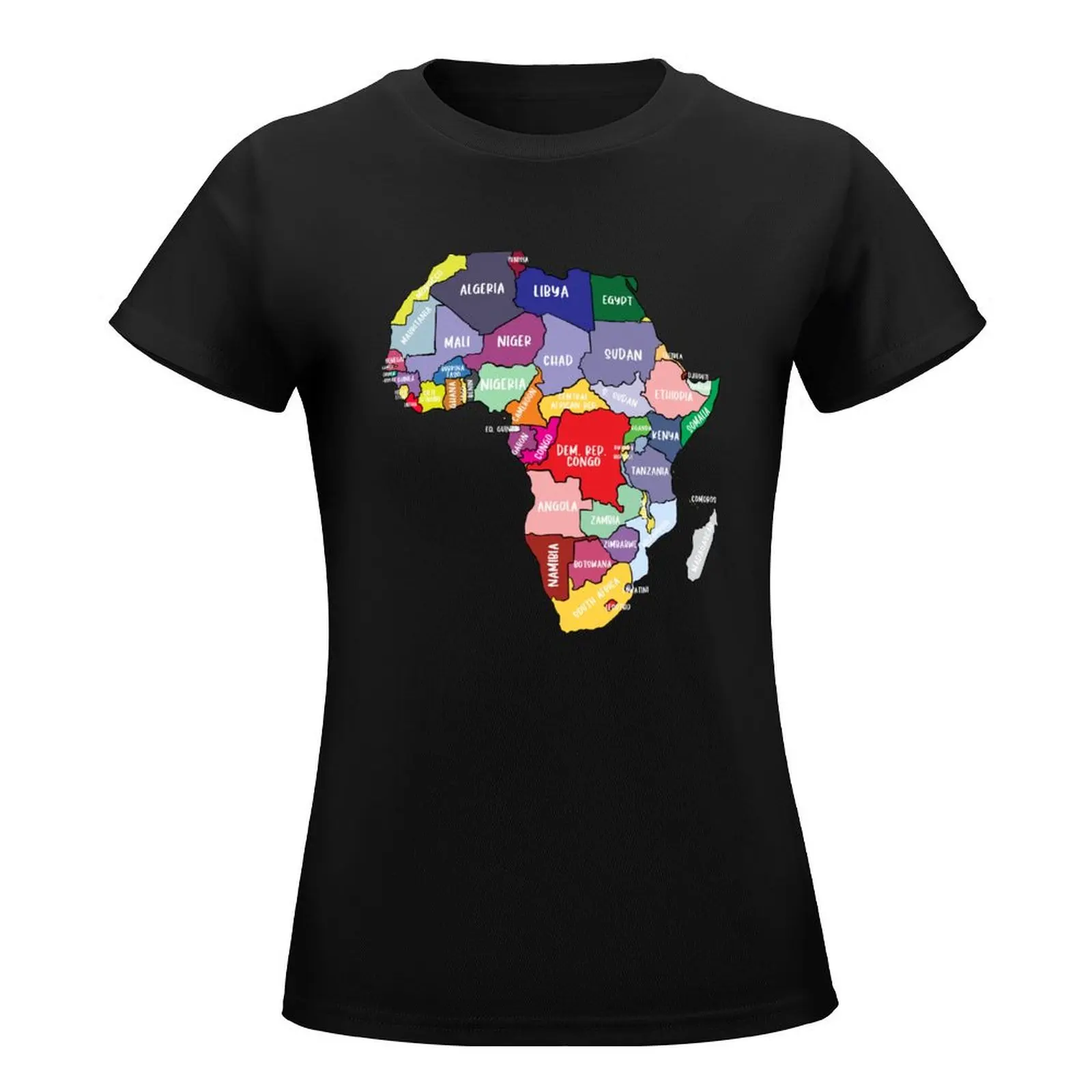 Colorful map of Africa with country names, colored African Continent T-Shirt hippie clothes tops Women