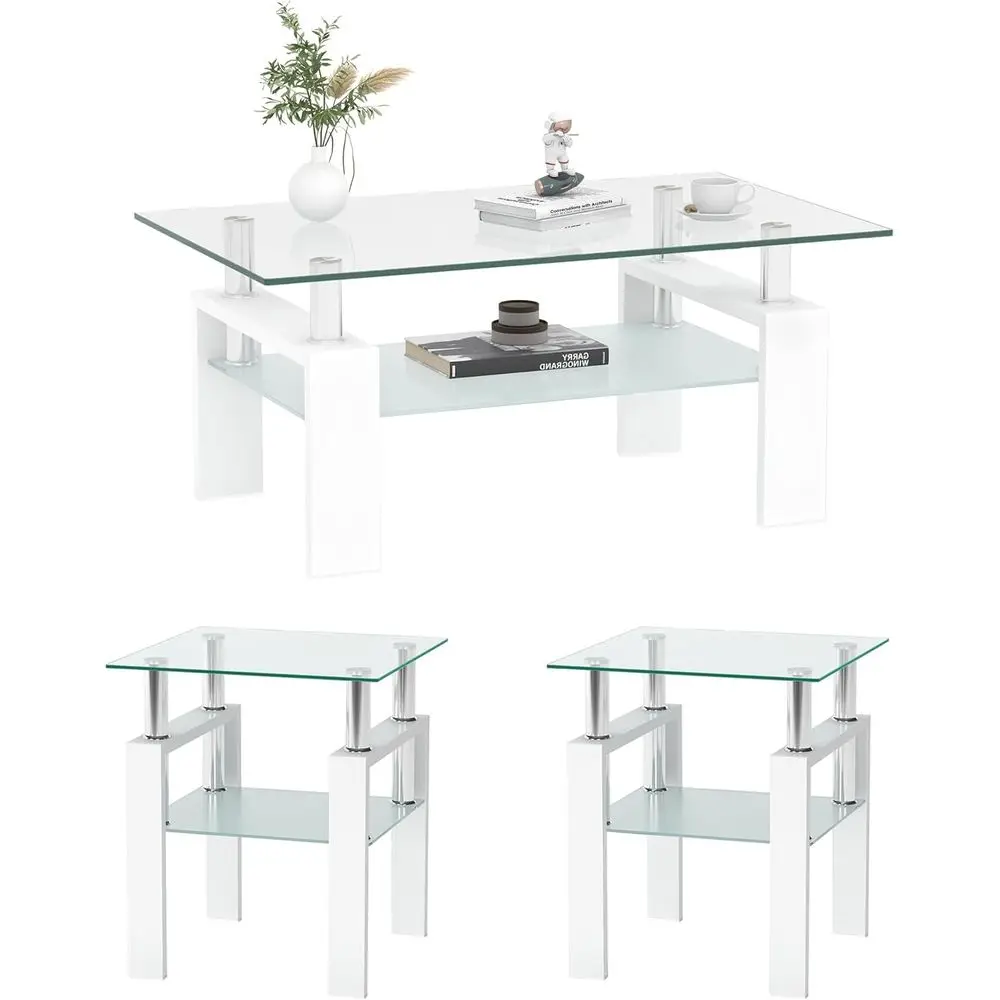 

Glass Coee Table and End Table Set o 3, ern Living Room Table Set with Tempered Glass & Metal e, Double-Layer Side Tables (Clear