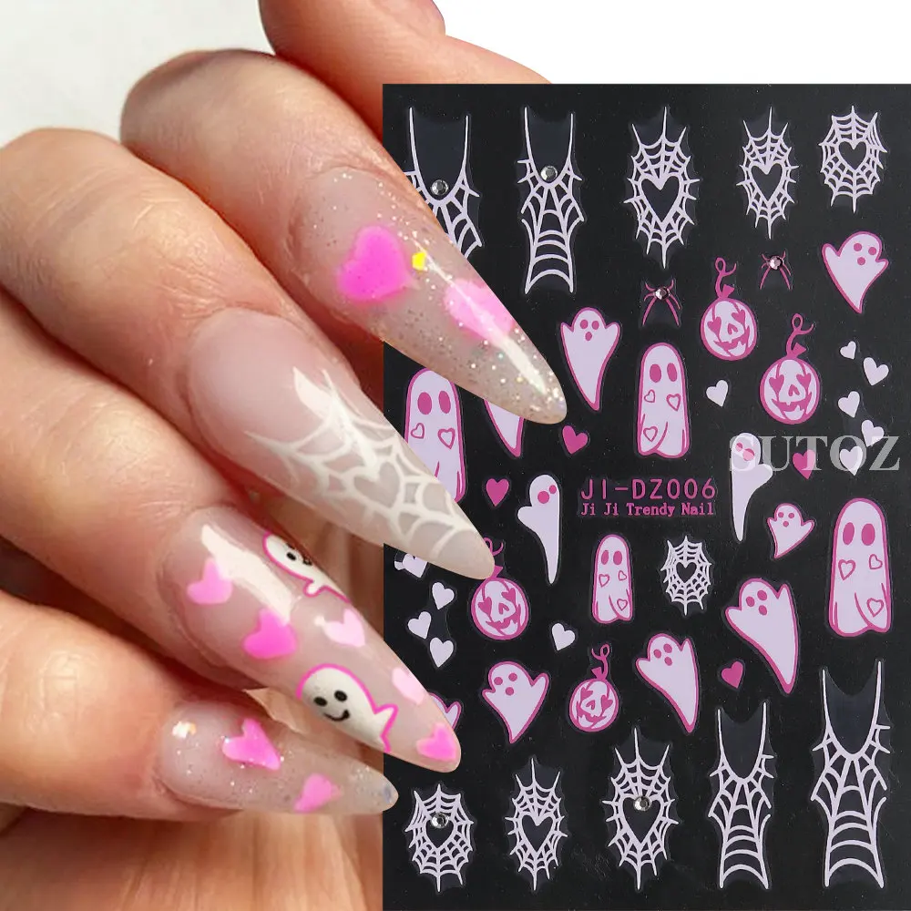 Cute Ghost Nail Stickers, Pumpkin Rhinestones Design, Coração, Spider Web Slider, Encantos Manicure Decalques, Decoração de Halloween, LEBJI-DZ