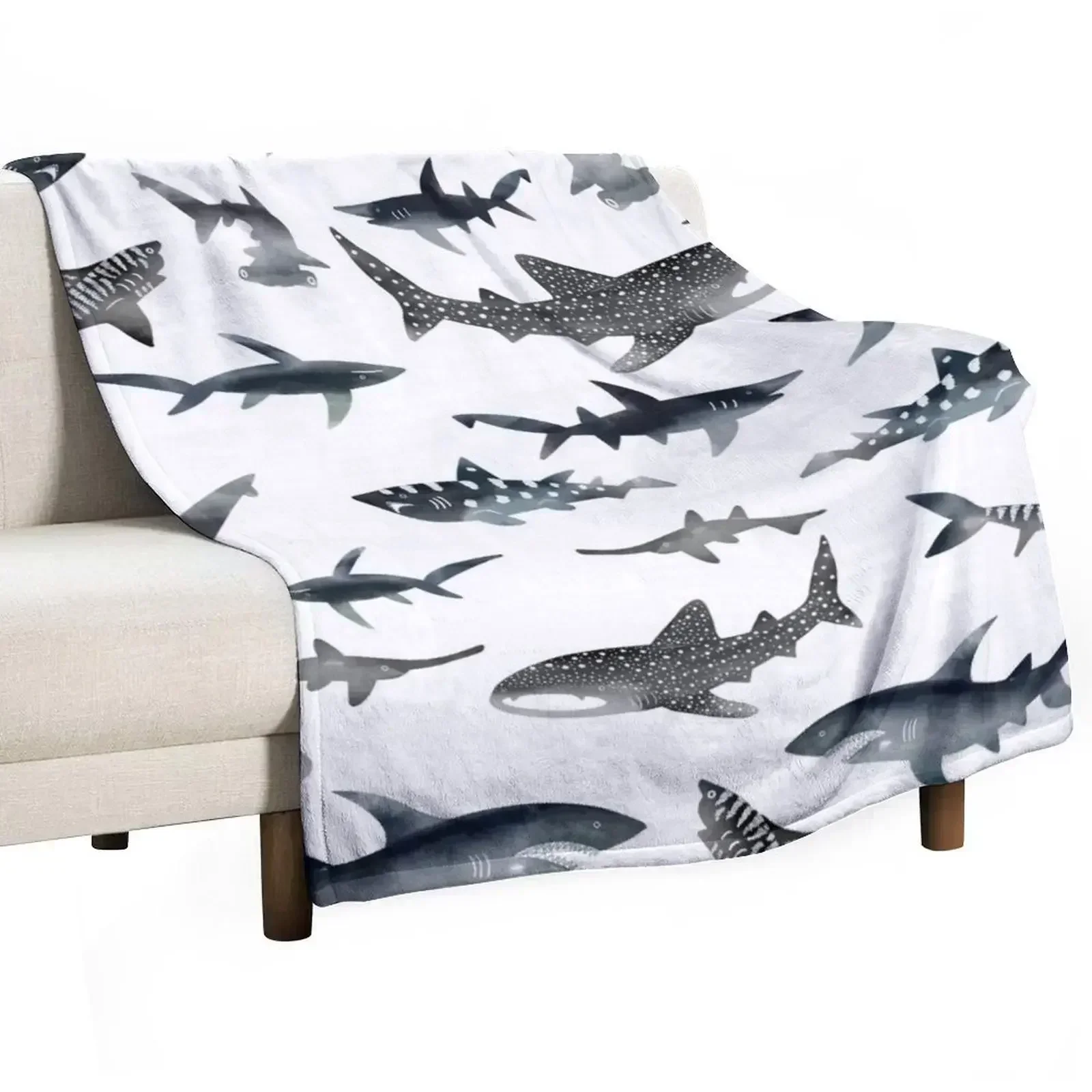 Sharks! Sharks! Sharks! Dark Ocean Watercolour Throw Blanket Plaid on the sofa heavy to sleep Tourist Bed covers Blankets