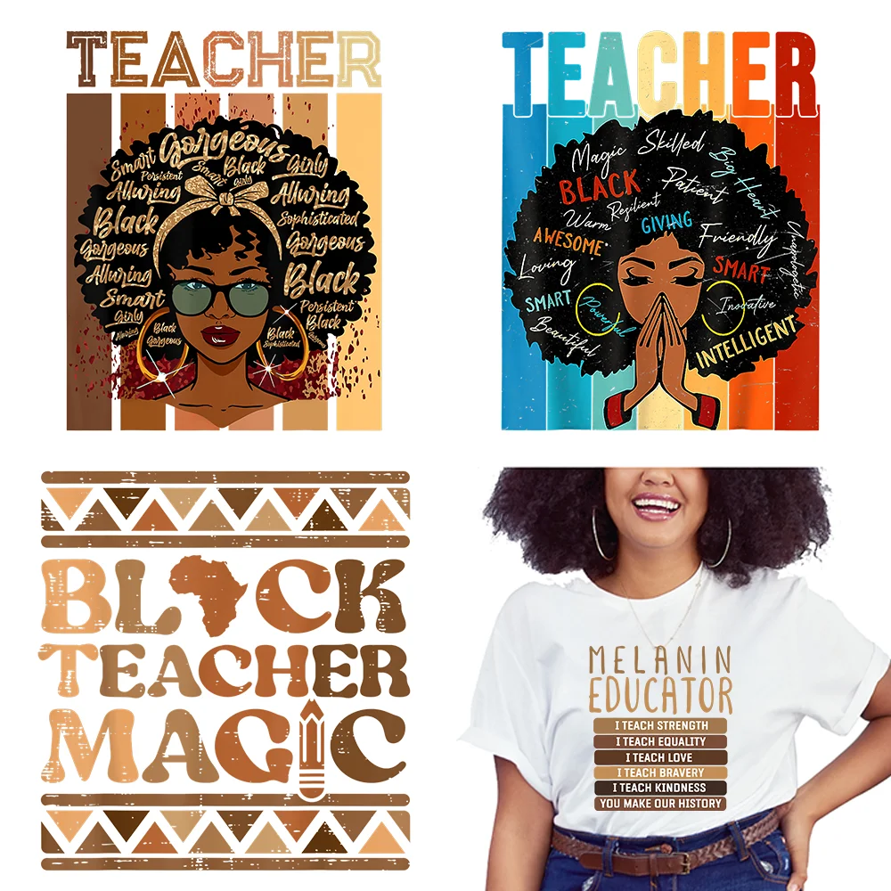 

Hot Sale Afro Teacher Magic Designs Iron On DTF Black Educator Transfers Printing Ready To Press For Clothing