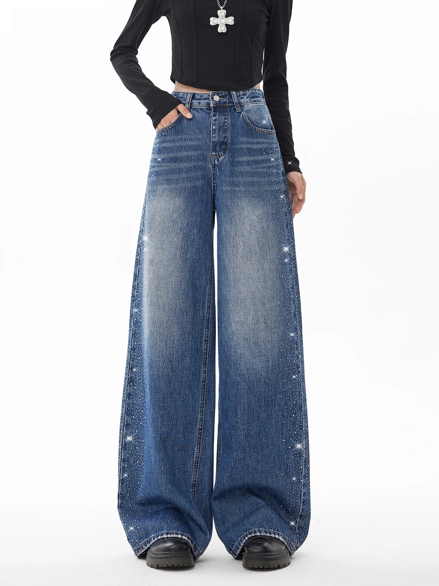 

EDX Women's Loose Wide Leg Straight Diamond Embellished Blue American Style Jeans High Waist Casual Cotton Trousers