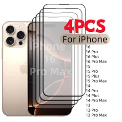 4pcs For iPhone 16 Pro Max Glass iPhone 16 Pro Max Tempered Glass Full Cover Glue 9H Screen Protector iPhone 16 15 14 13 Pro Max