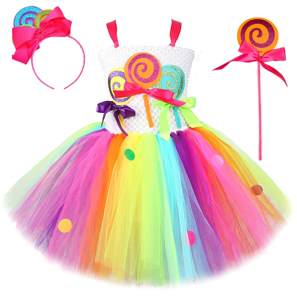

Rainbow Candy Lollipop Costume Set For Girls Birthday Party Tulle Tutu Princess Dress Ball Gown Kids Carnival Halloween Clothes