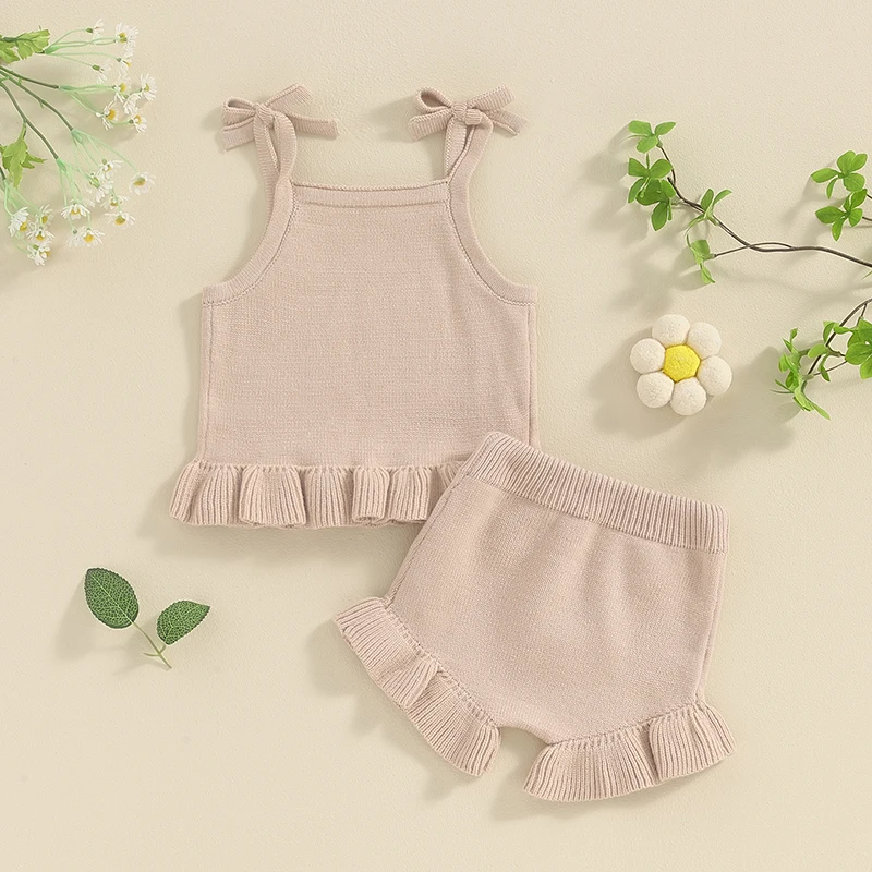 Newborn Infant Baby Girls Knit Shorts Outfits Clothing Set Solid Color Sleeveless Cami Tops with Elastic Waist Shorts 2Pcs Set