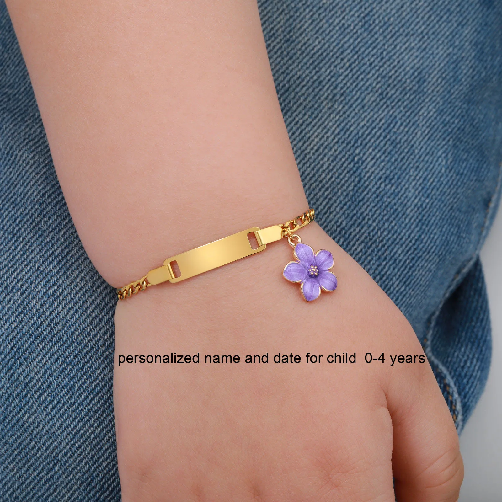 Stainless Steel Engravable Bar ID Namedate Bracelet, Cherry Blossom Charms Kids Bracelet, Personalized Newborn Birthday Gift
