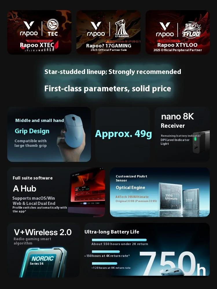 

RAPOO VT0 Mouse Dual 8K 2.4G Wireless PAW 3398 Dual Mode E-sports Mouse Gaming Mice Small and Medium-sized For Gamer Mice Gifts