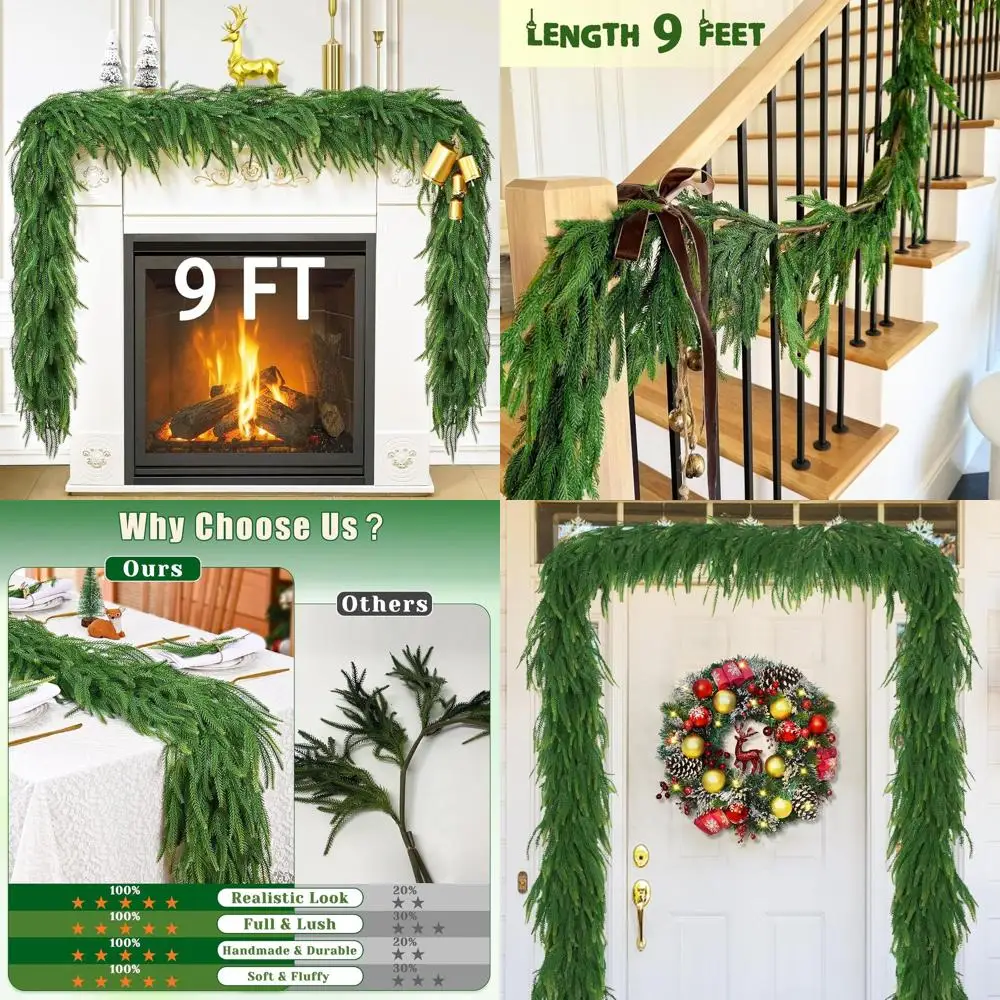 

2 Pack 9 FT Realistic Christmas Garland with Lights, Indoor/Outdoor Faux Pine & Cedar for Mantle, Table, Front Door Decor
