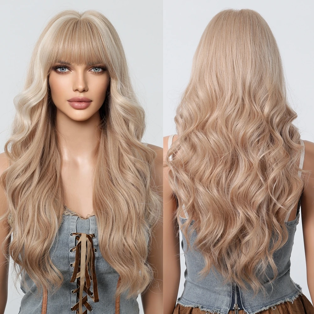 Ginger Copper Long Wavy Synthetic Wigs with Bangs Blonde Highlight Cosplay Party Wig for Women Natural Heat Resistant Fake Hair