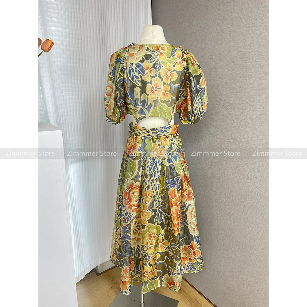 Australian niche retro round neck large flower print off-shoulder hollow waist large swing skirt dress