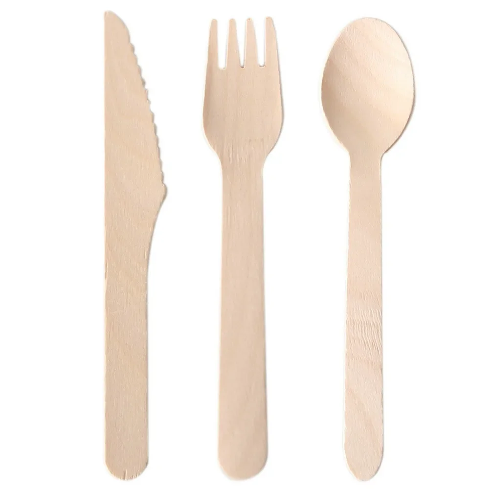 

100Pcs disposable wooden cutlery Sets Knife Spoons fork Picnic Cutlery Wedding Favors eco Friendly Portable Travel Suit