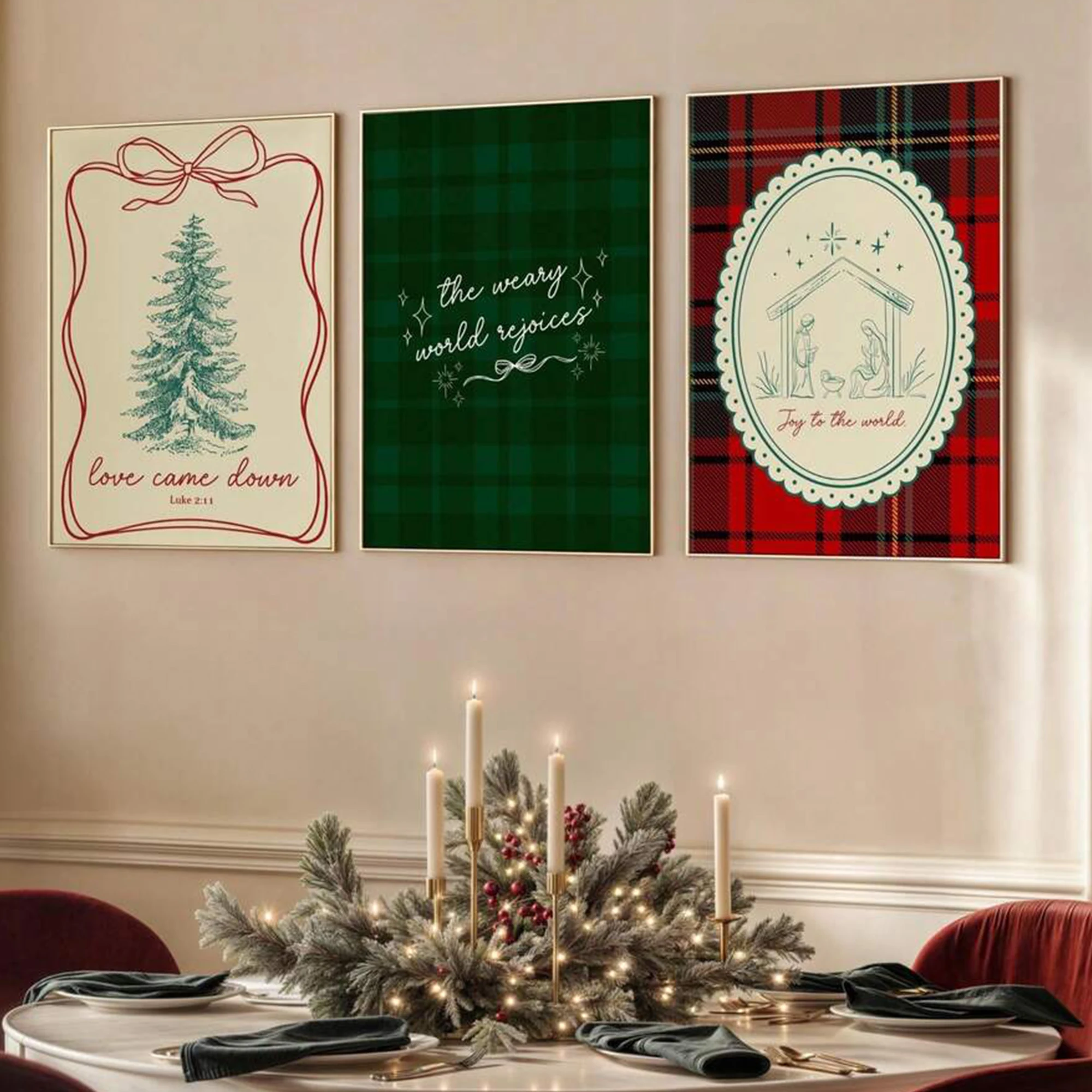 3pcs Modern Red And Green Plaid Christmas Tree Wall Art Print Canvas Painting Poster Picture For Living Room,Bedroom Home Decor