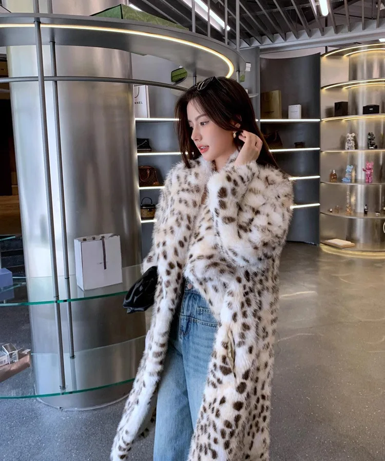 Leopard Print Imitation Fur Coat Women\'s Large Lapel Loose Imitation Fox Fur Coat Autumn and Winter Thickened Long Mink Fur Coat