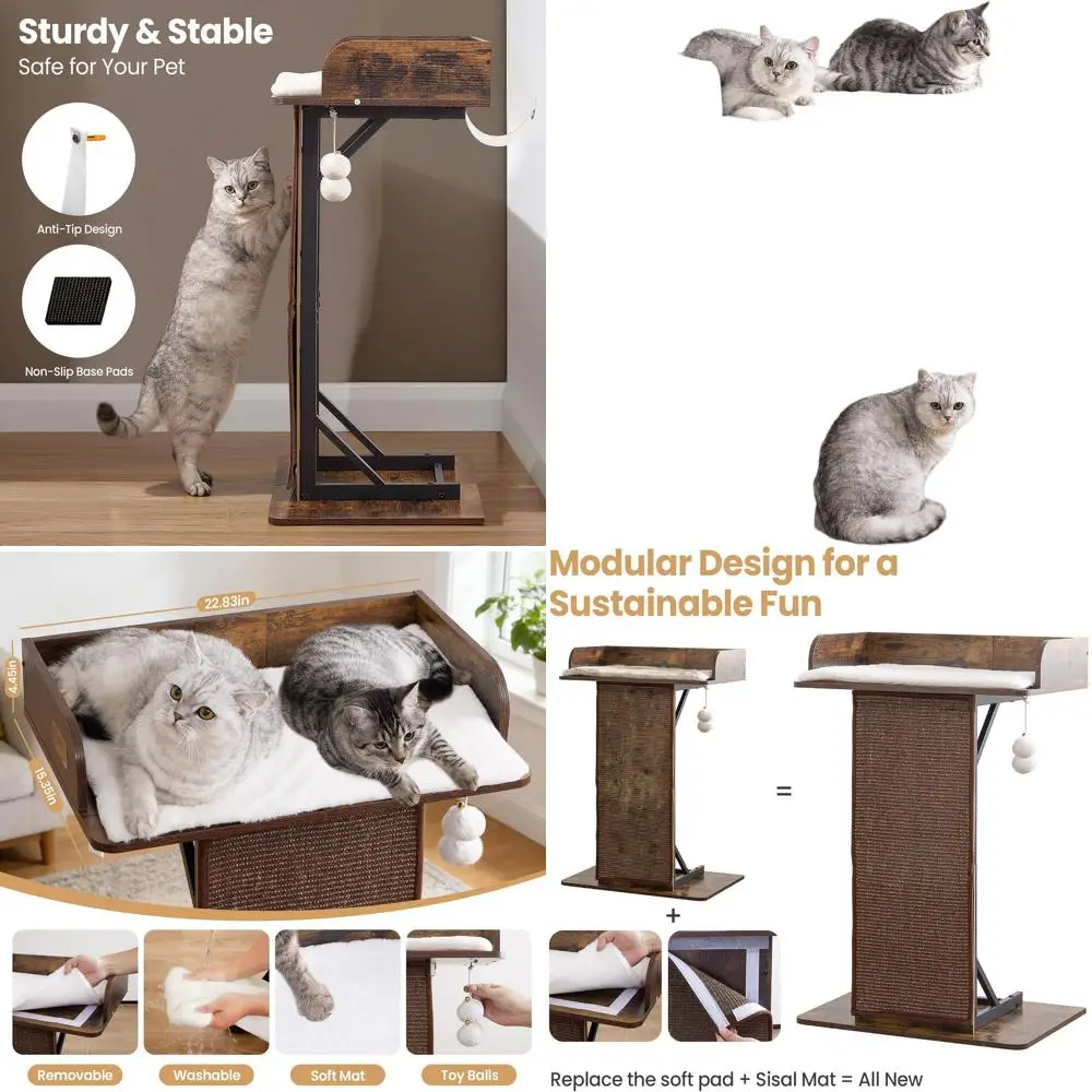 

Деревянная кошачья лежанка-башня для дома, высота 33,8 дюйма, с большой площадкой для отдыха, когтеточками, съемными подушками, цвет: рустик-коричневый