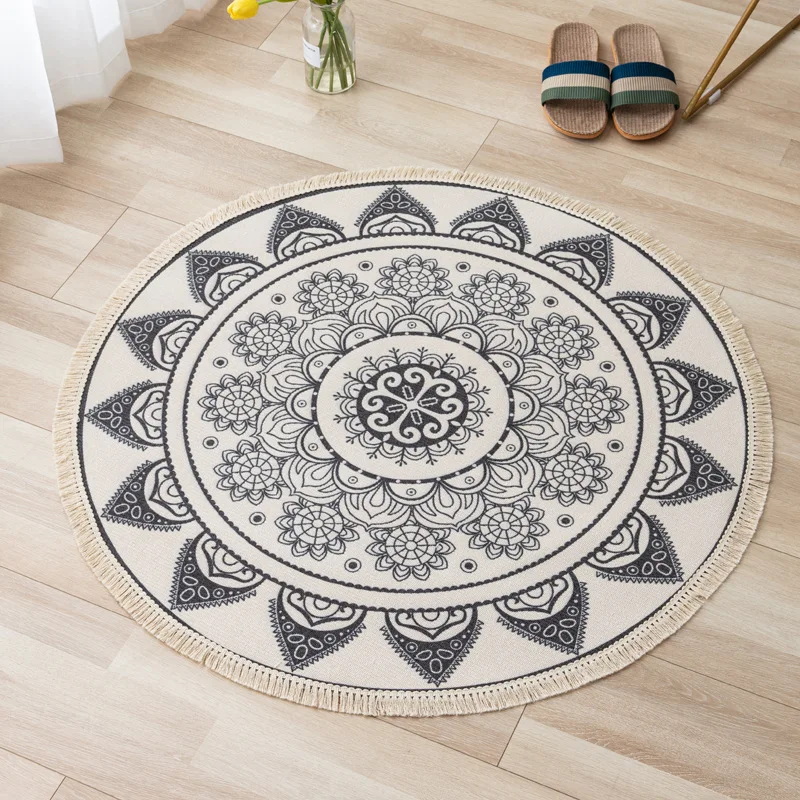 Nordic cotton hemp retro carpet round bedroom living room sofa tea table mat round carpet Hand woven Tassel weaving floor mat