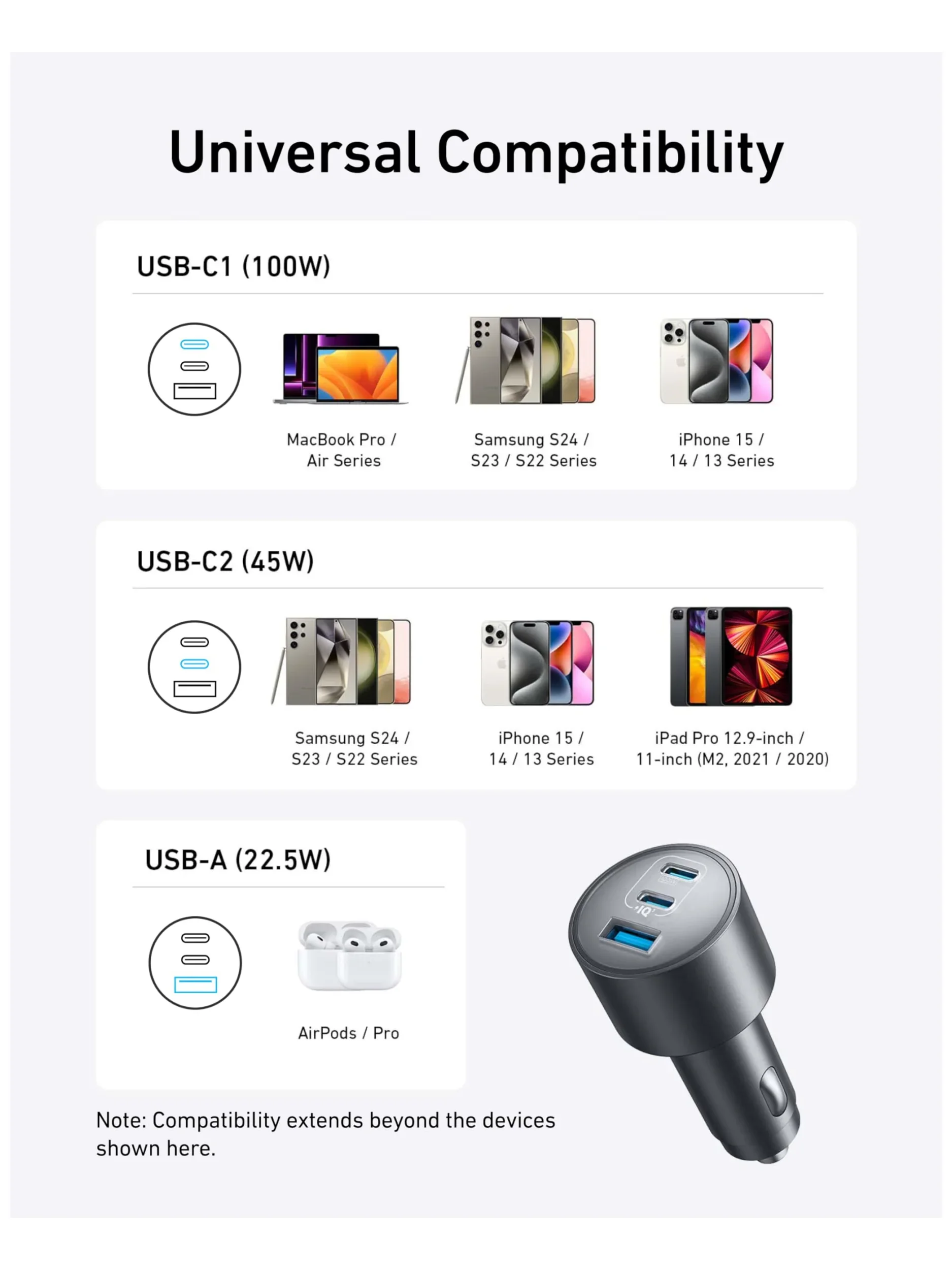 شاحن سيارة Anker-us ، شاحن سيارة سريع 3 منافذ W Max ، MacBook Pro ، Air ، iPhone 15 ، 14 ، 13 S24 ، S23