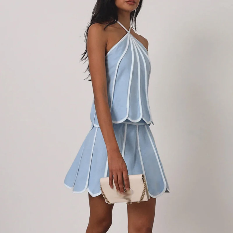 

Casual Backless Slim Beach Outfits Sexy Halter Top And Mini Skirt Summer Set Lady Fashion Off Shoulder Solid Color Holiday Suit