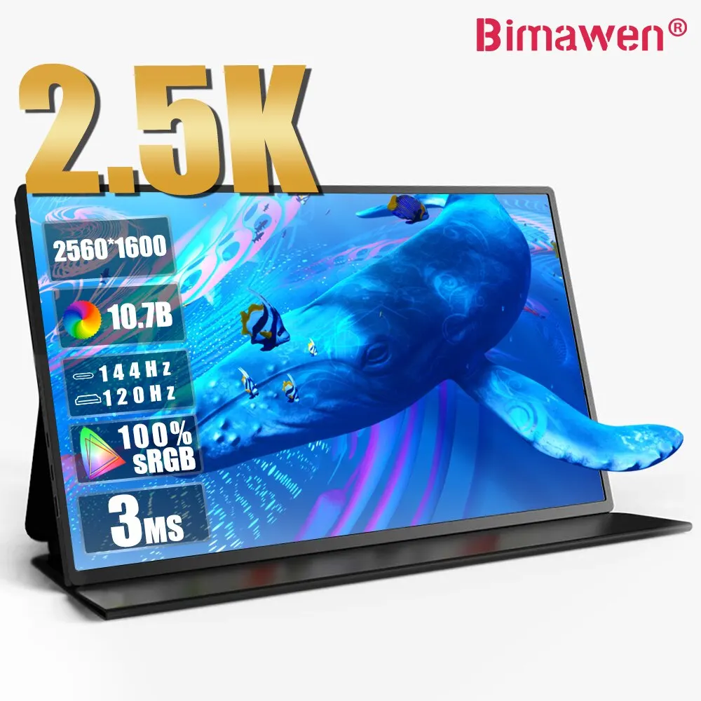 Bimawen-Monitor Portátil, Tela do Jogo para Laptop, Mac, Telefone, Xbox, PS4, 5 Switch, 256Hz, 2.5K, 144Hz, 2560x1600, 100, adobe srgb