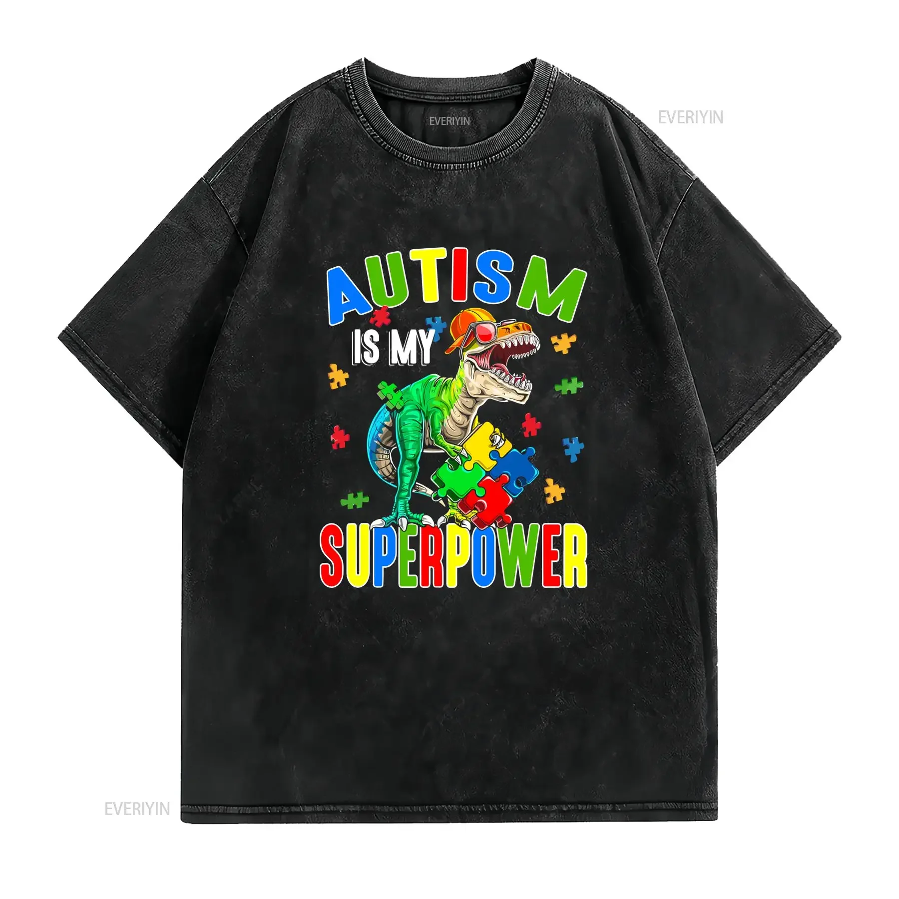 T Rex Dinosaur Autism Is My Superpower Awareness Kids Shirt  vintage Washed fashion designer clothes Unisex Stylish streetwear