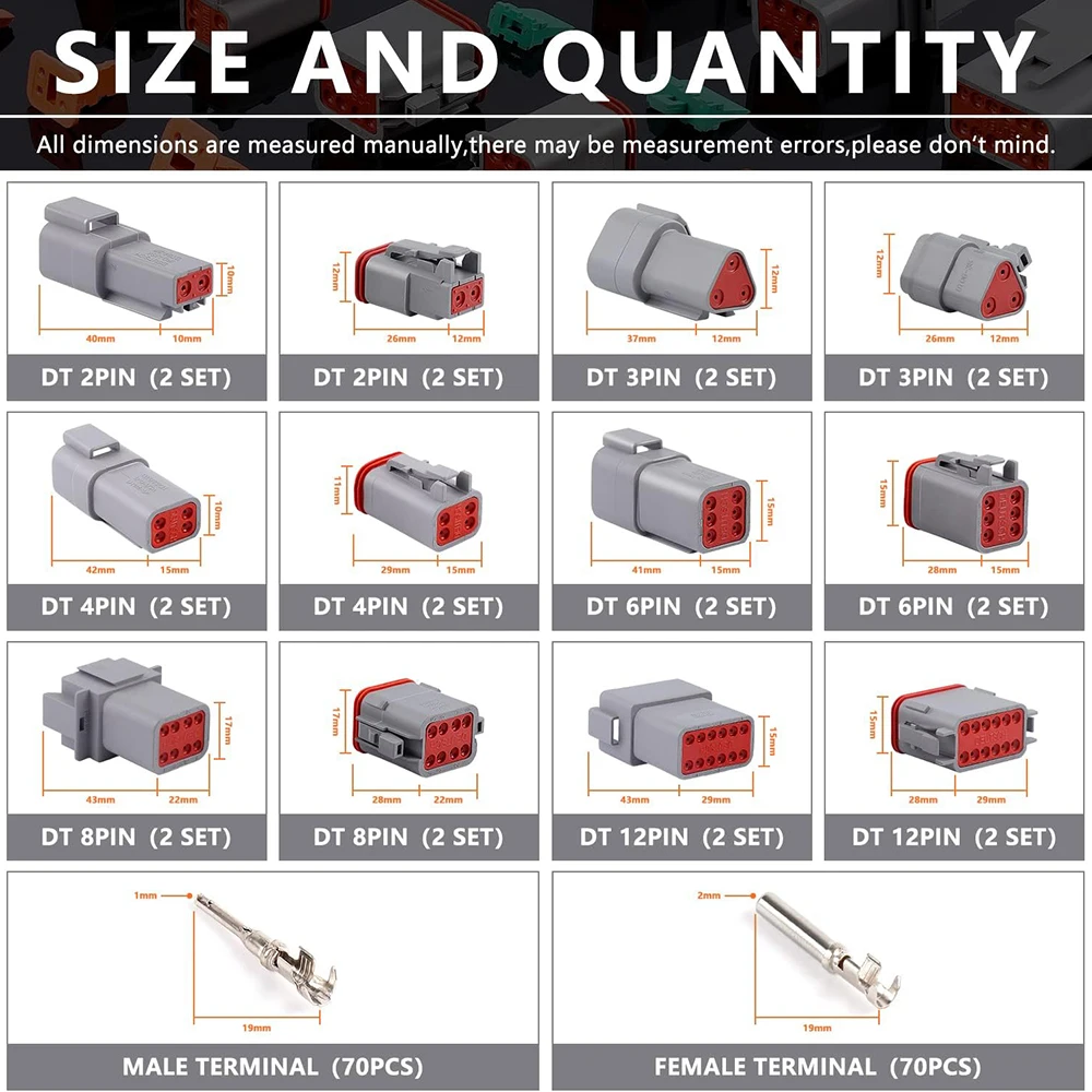 Deutsch Connector Kit 188Pcs 2 3 4 6 8 12 Pin Connectors with Size 16 Stamped Contacts DT Sealed Waterproof Car Wire Connectors