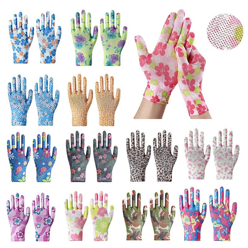 1 pairs Yard Cleaning Palm-Coated Floral Garden Gloves Women Non-Slip Working Gloves Non-Slip Household Labor Protection Gloves